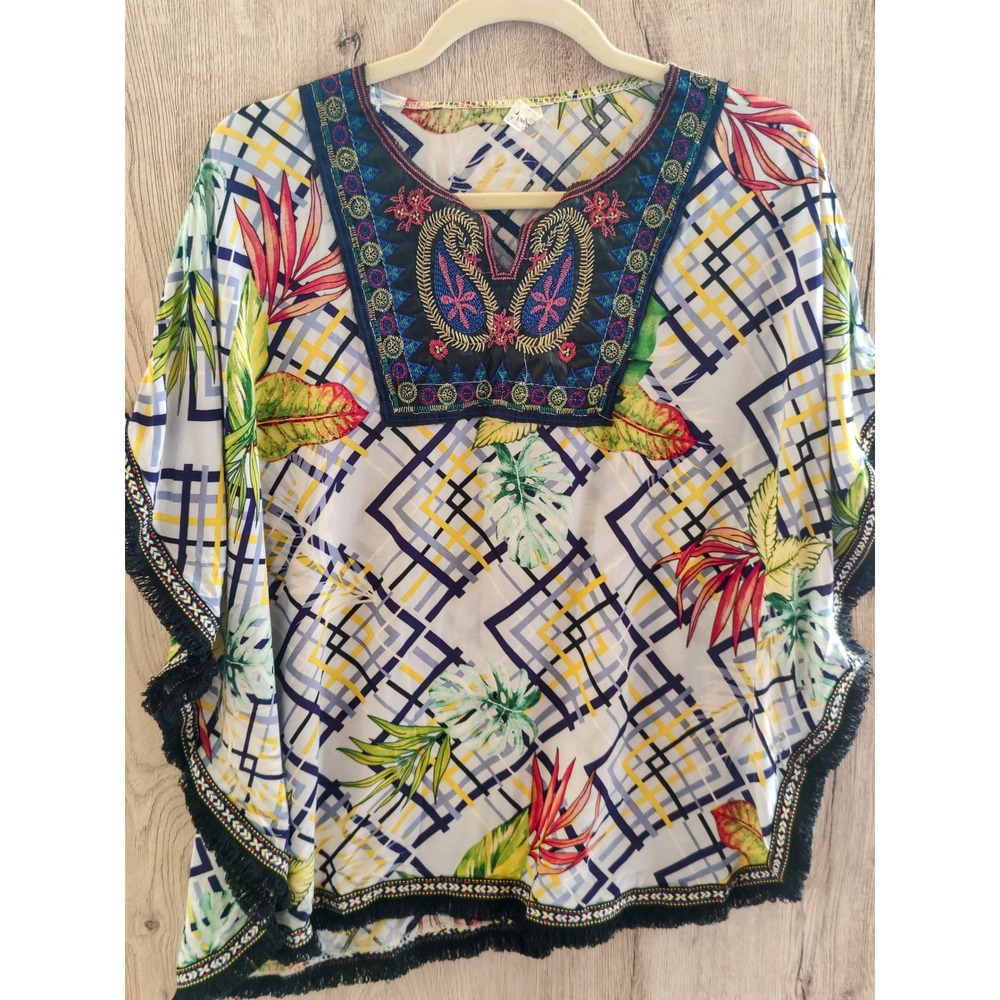 Perfect Fashion Boho Geometric Print‎ Kaftan Top Embroidered Neckline 2XL Fringe